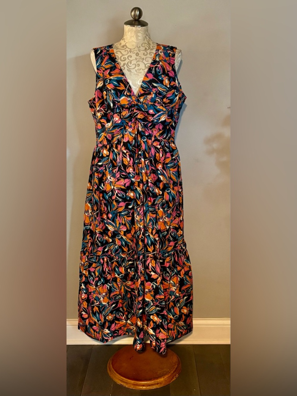 🆕 French Connection Floral Maxi Dress in Black with Pink & Orange Accents